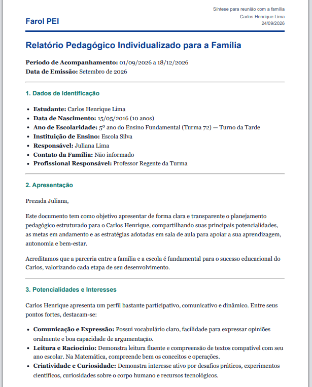 Exemplo de relatório pedagógico para a família